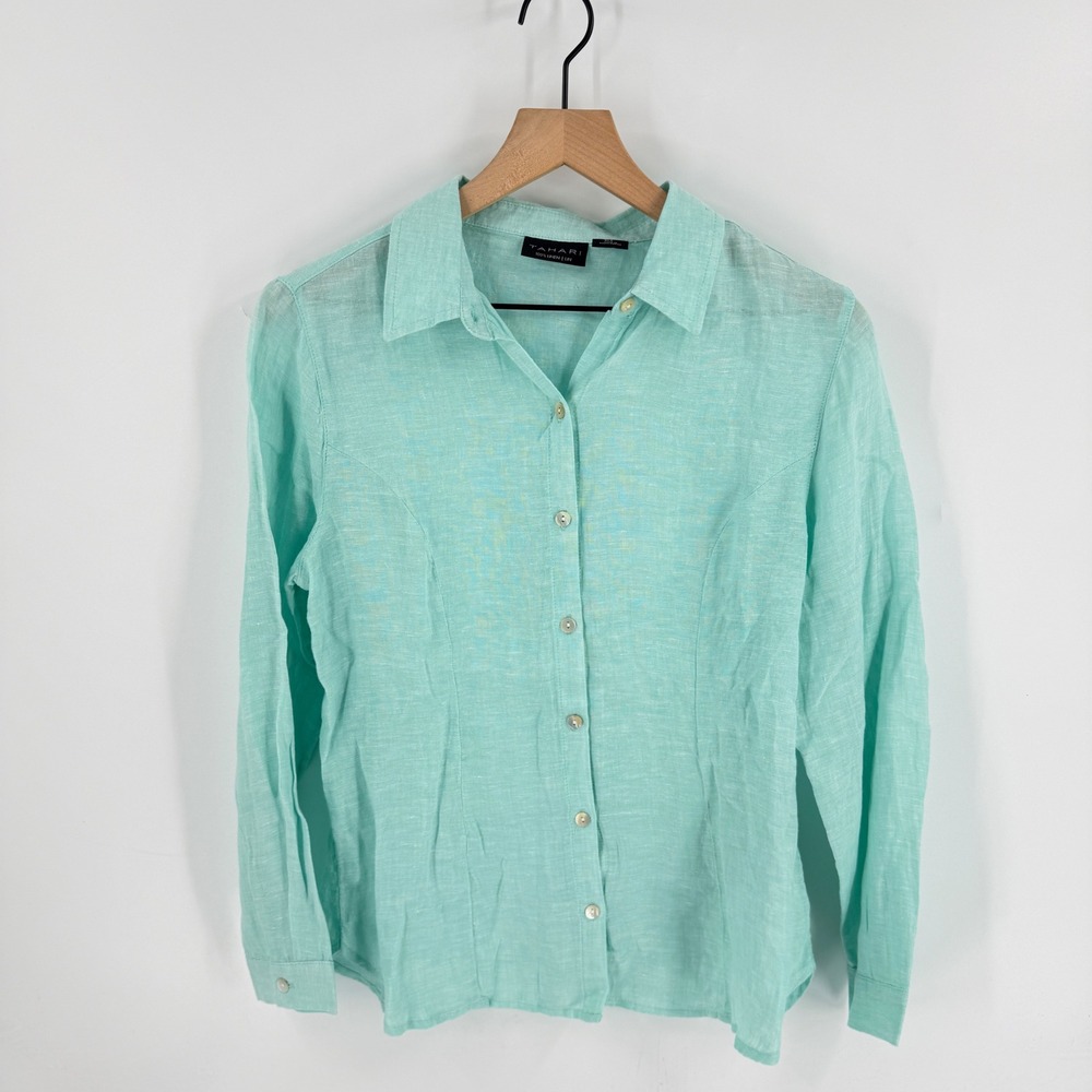 Tahari Button Up Top Aqua Small 100% Linen Long‎ Sleeve Coastal Grandma Pastel